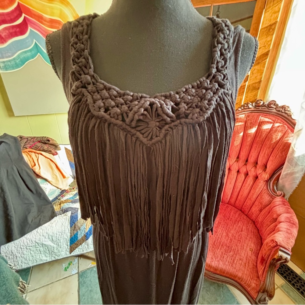 Candalite Black Rayon Dress with Fringe Knot Detail